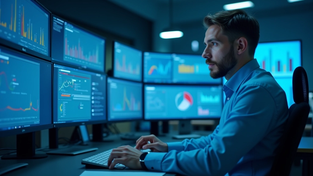 Suurel ekraanil andmeanalüüs ja graafikud, teaduslikud graafikud, arvutilaborant uurib tulemusi