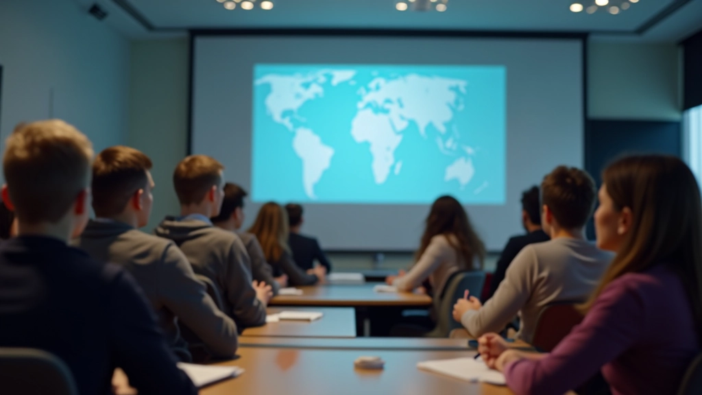 Klass õpilastega, ekraanile projitseeritud video subtiitritega, erinevad õpilased vaatavad, mõned võtavad märkmeid