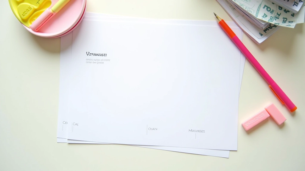Expense categories laid out with labels: housing, food, transport, utilities, childcare shown on paper