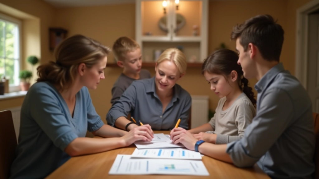 Family sitting together at dining table discussing financial goals with documents and calculator visible