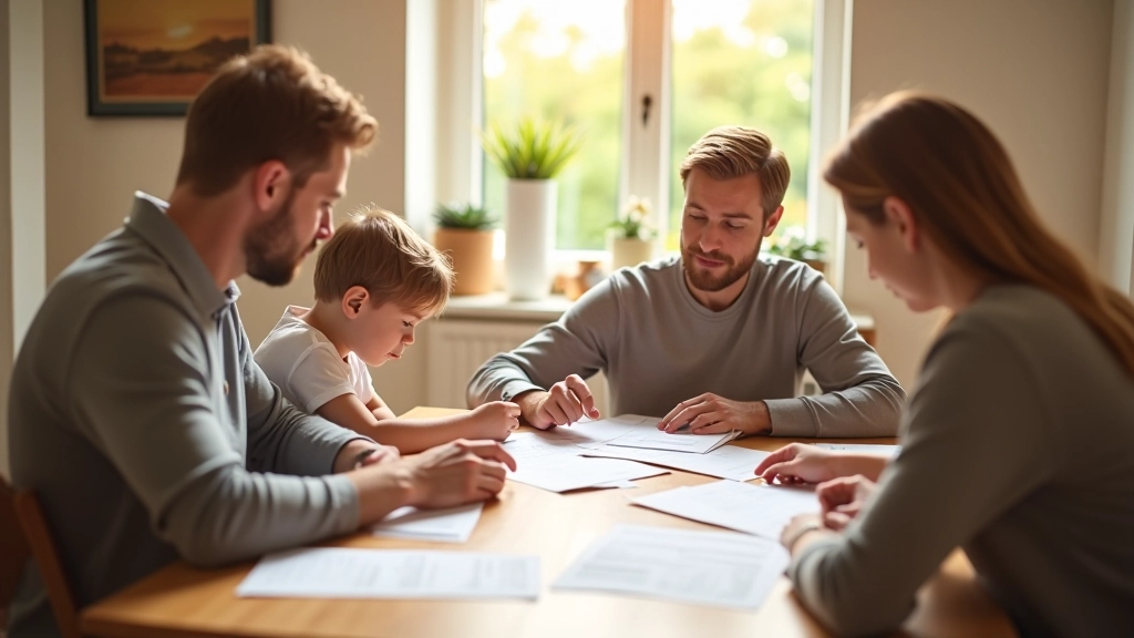 Family sitting at kitchen table reviewing expense receipts and planning monthly costs together