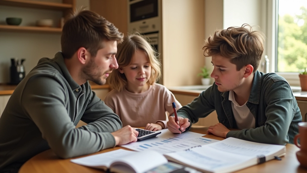 Irish family planning their monthly budget together at kitchen table
