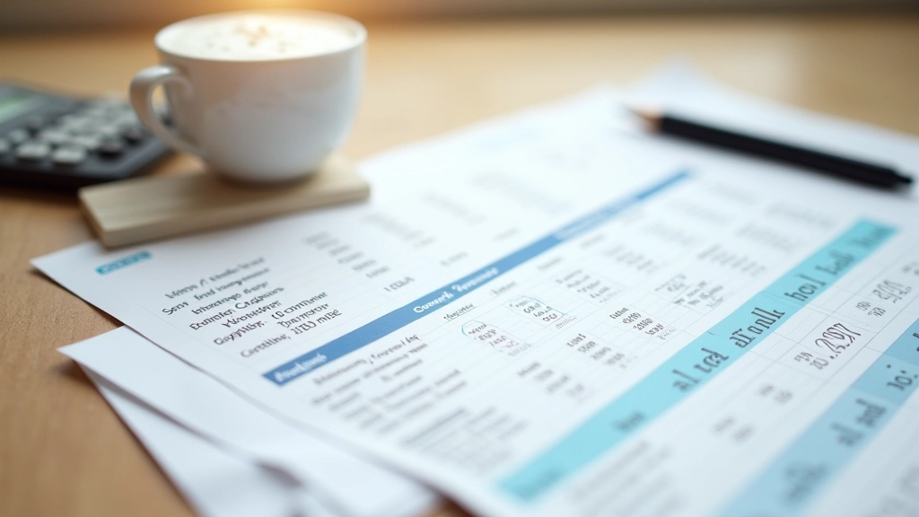 Calculator and budget spreadsheet showing income and expense totals on wooden desk