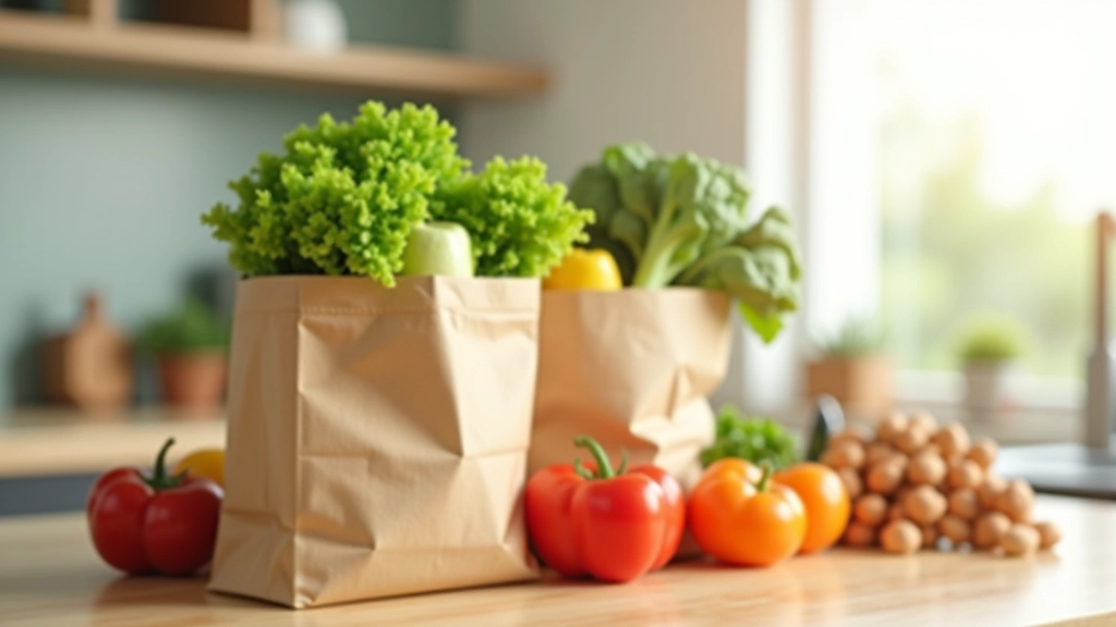 Grocery bags from supermarket with fresh vegetables and packaged items on kitchen counter