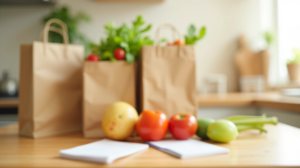 Grocery shopping bags on kitchen counter with receipt and budget tracking notepad