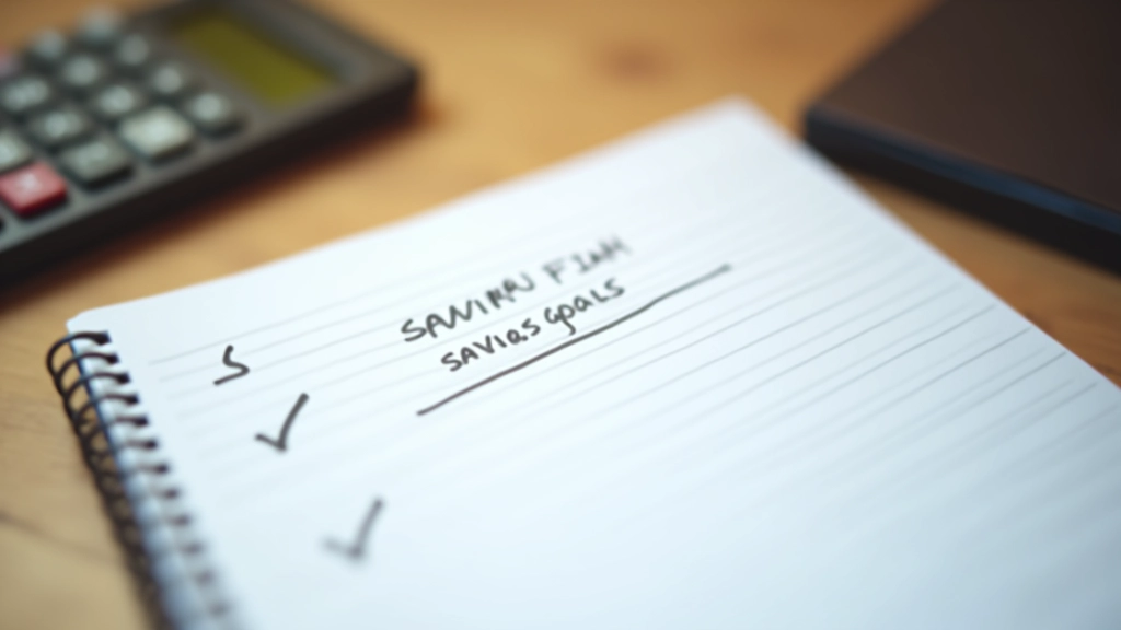 Close-up of handwritten savings goals list with target amounts and timelines marked in a household budget journal
