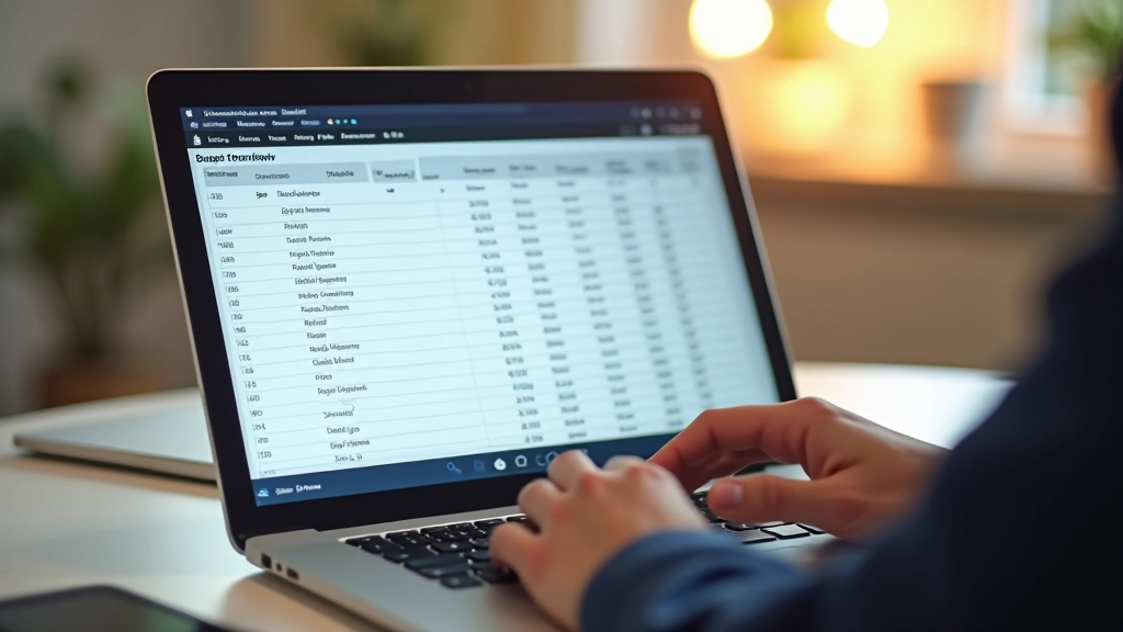 Colorful budget tracking spreadsheet displayed on laptop screen with category columns and monthly totals
