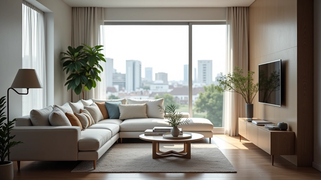 Modern apartment interior showing living room with sofa and windows overlooking city skyline