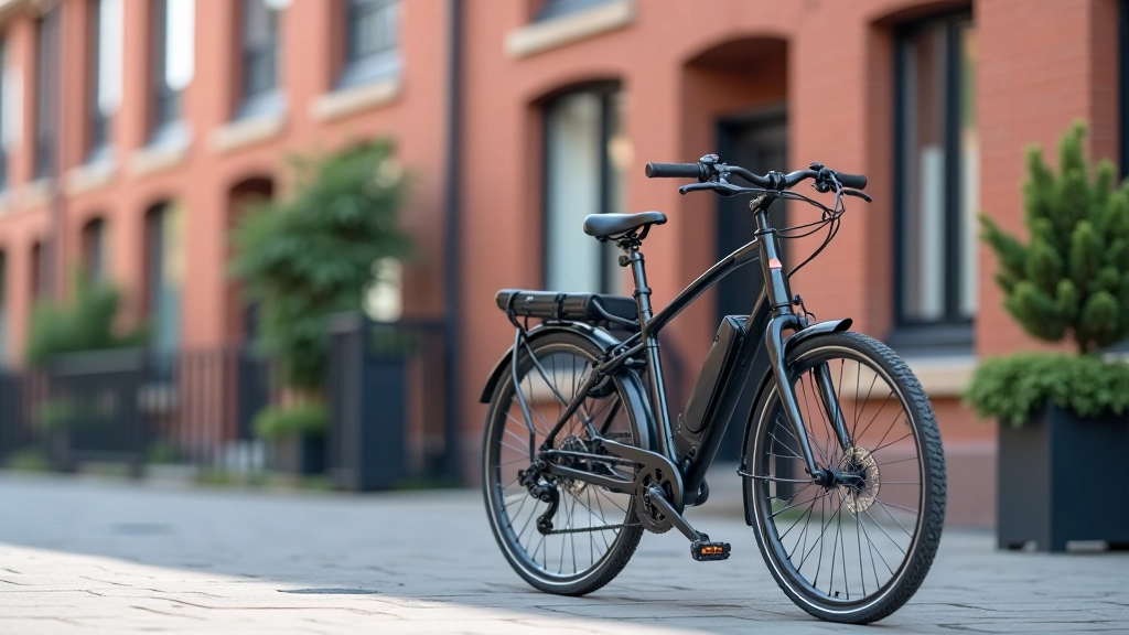 Modern bicycle parked outside urban apartment building with street view