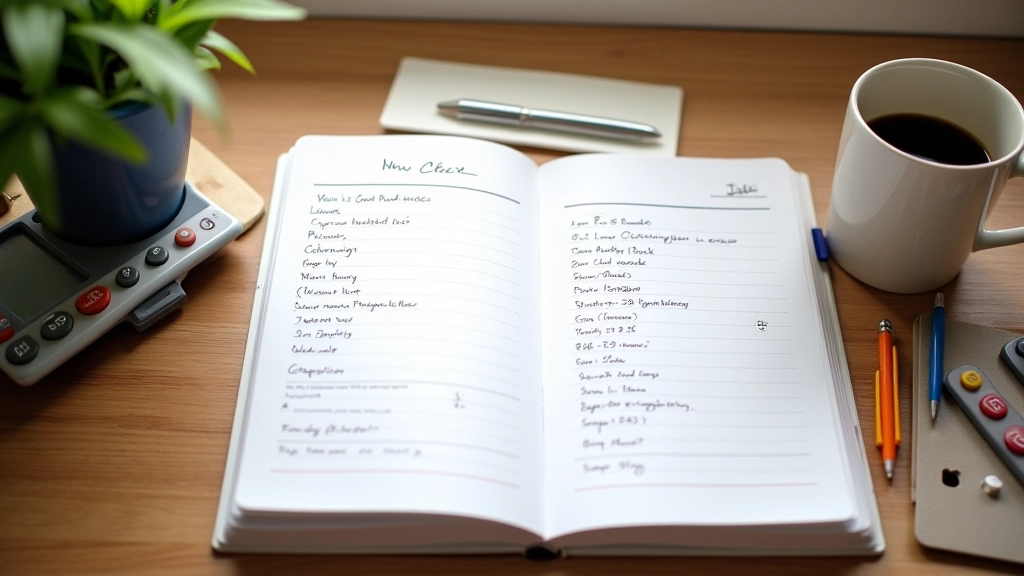 Notebook with handwritten budget notes and calculator on wooden desk with morning light