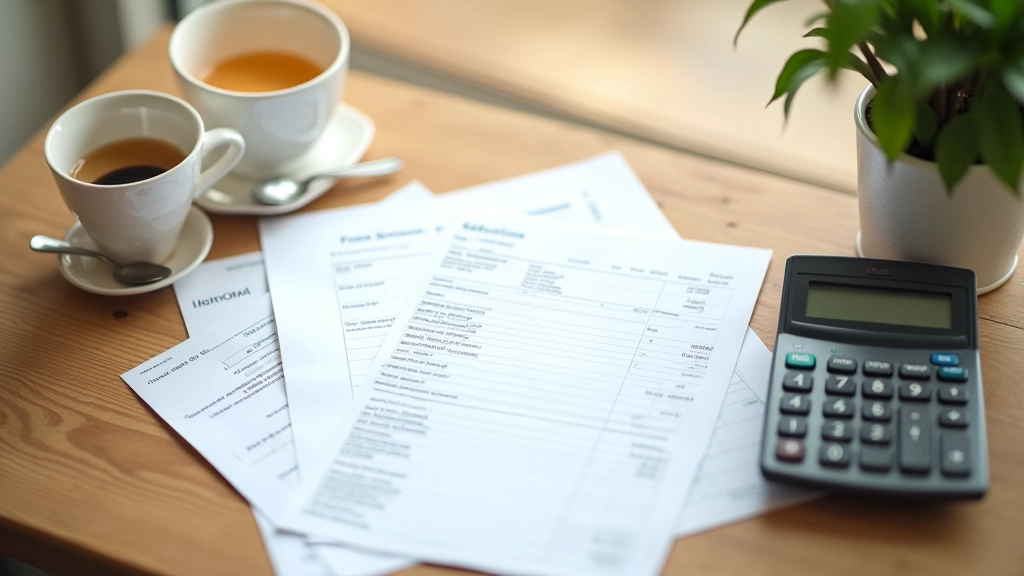 Monthly bills and expenses laid out with calculator and expense tracking sheet on wooden surface
