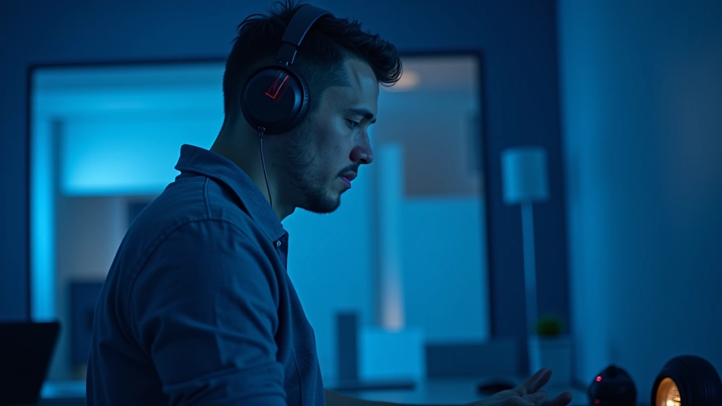 Arvutiekraani taga inimene, kes kuulab heli, kõrvaklapid, helitöötlus, sinine ja valge värv