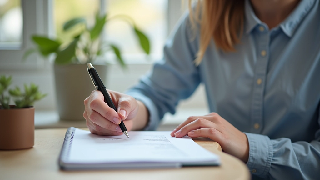 Person reviewing payslip and writing income figures in notebook on desk