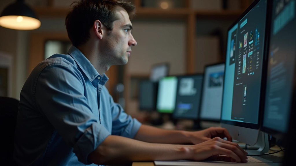 Arvutiekraan digitaalarhiivi liidese ja otsinguvahendiga, kasutaja käed klaviatuuri juures