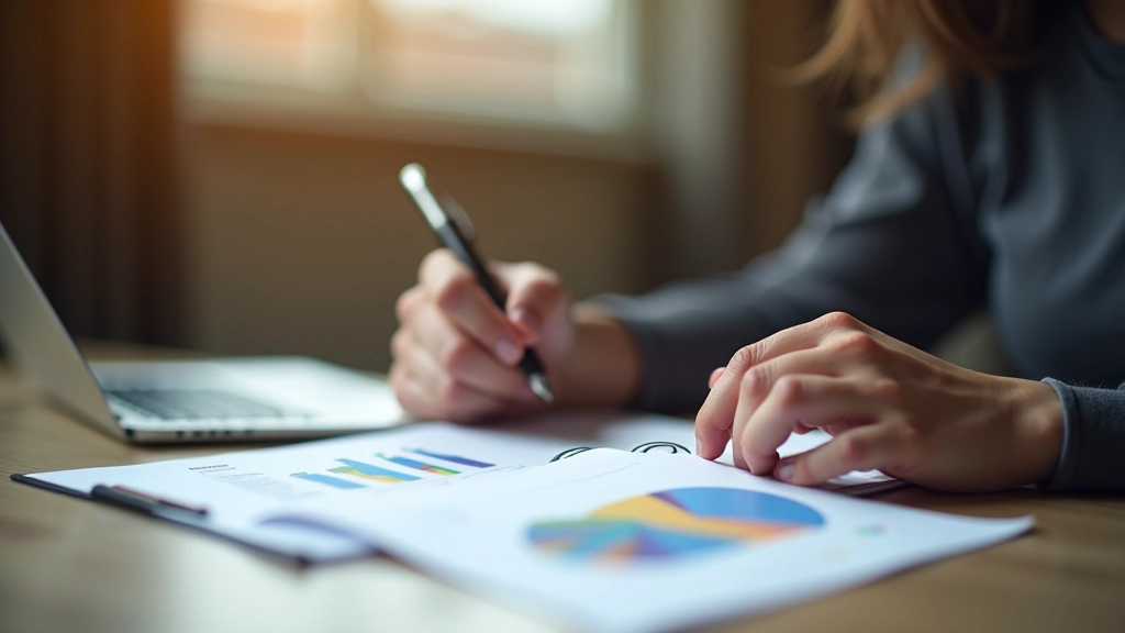 Person writing in budget notebook with pie chart breakdown visible showing expense distribution across categories