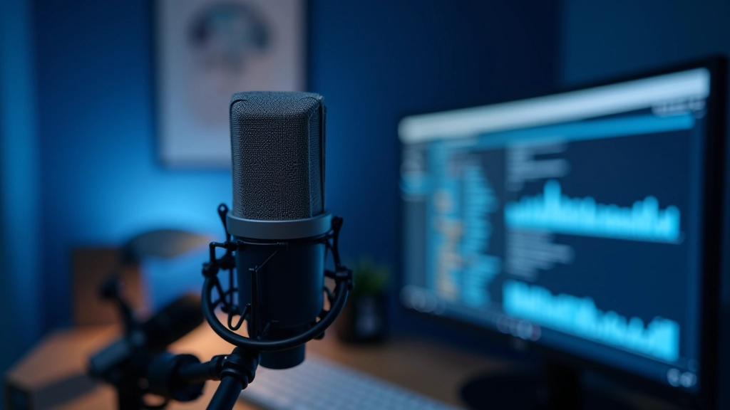 Stuudiomikrofon sinise akustiilse paneeliga, arvutiekraan kõnetuvastusega seadistusega