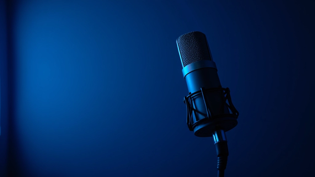 Mikrofon stuudios, sinine LED valgus, professionaalne kõnetuvastuse seadistus