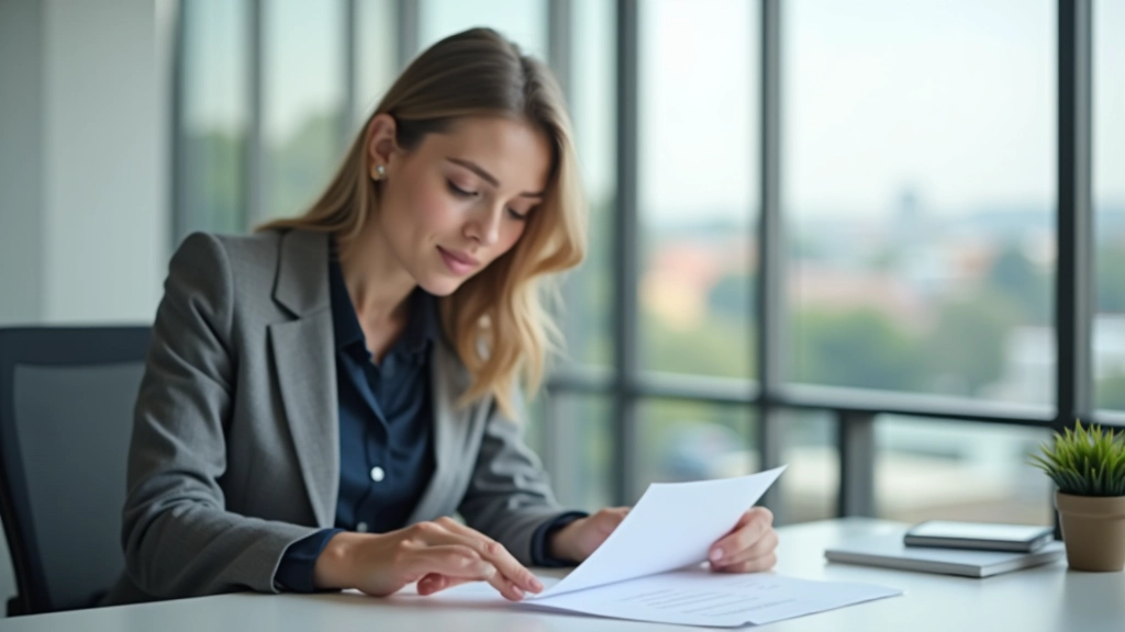 Professional woman reviewing financial documents at modern desk with city view in background