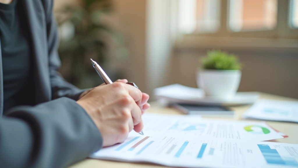 Woman reviewing budget analysis with highlighted expense breakdowns and percentage calculations on paper