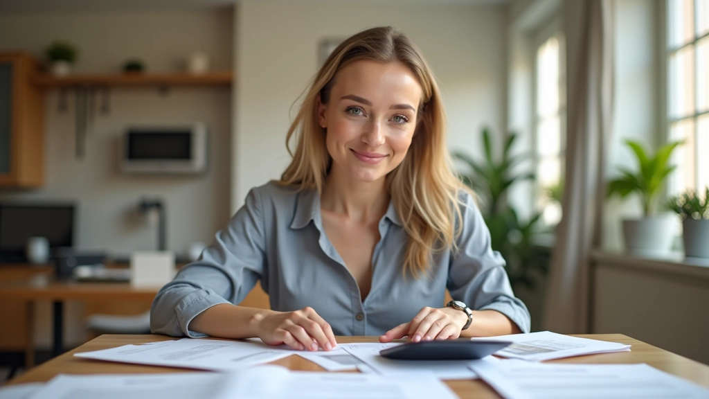 Woman successfully managing family finances with organized budgeting documents